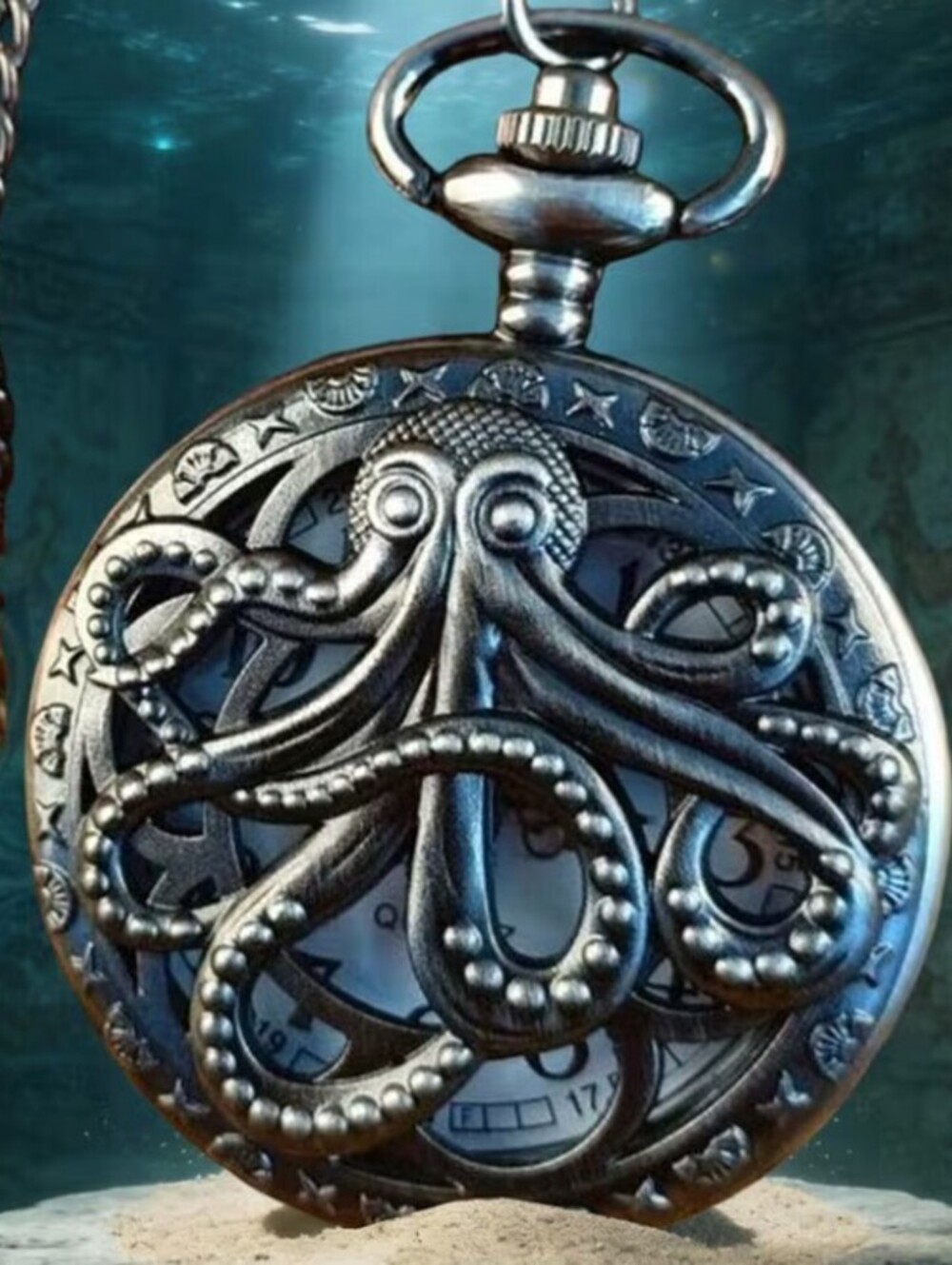Vintage Bronze Octopus Kraken Pocket Watch with Chain - Steampunk Style